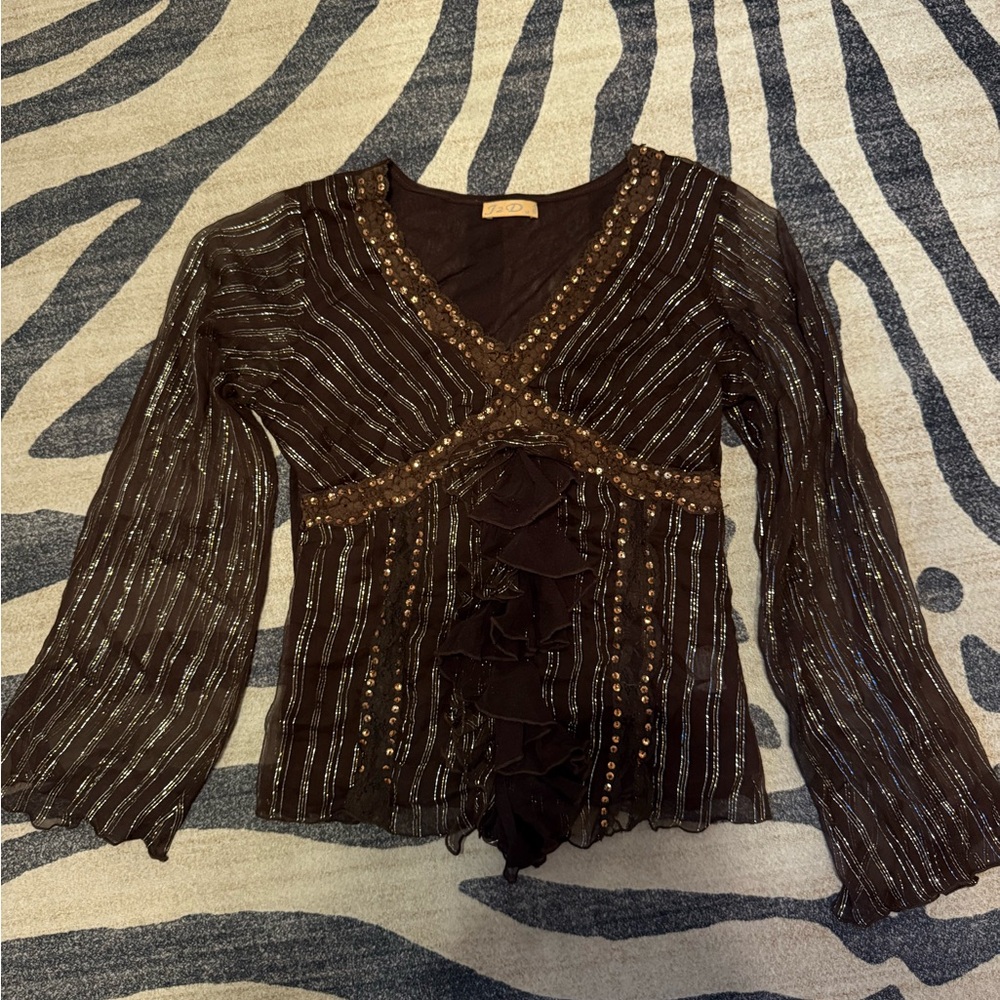 Embellished Brown V-Neck Women's Top with Ruffle Front